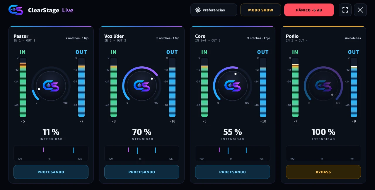 Pantalla principal de ClearStage Live